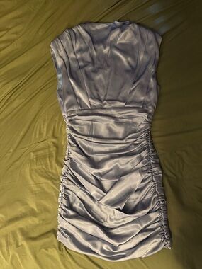 Babaton Strapless High Neck Satin Ruched Mini Dress in Lavender